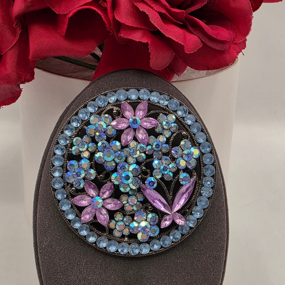 Vintage Style Floral Round Brooch AB Rhinestone Purple Blue Crystal Pin 2 Inch